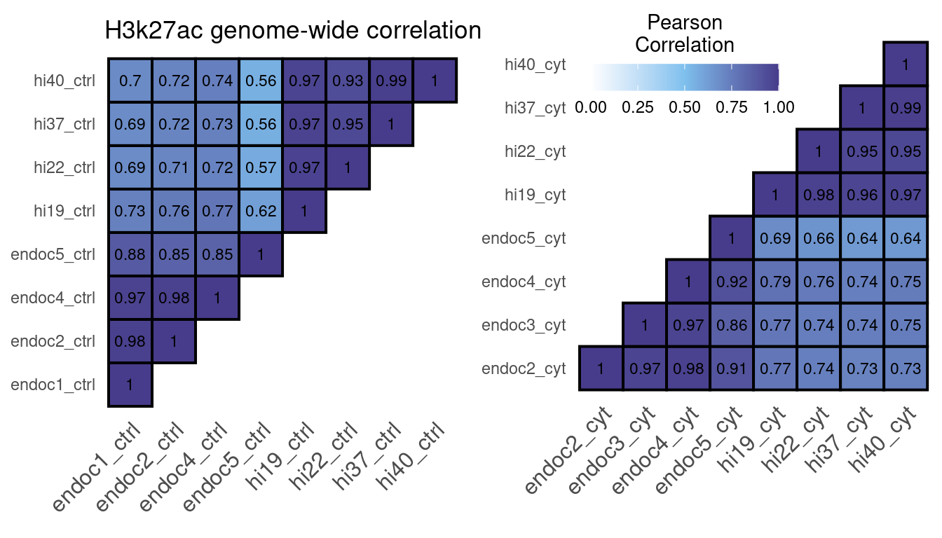 H3K27ac ChIP-seq correlation using the number of reads in a 10kb binned genome normalized with DESeq2.